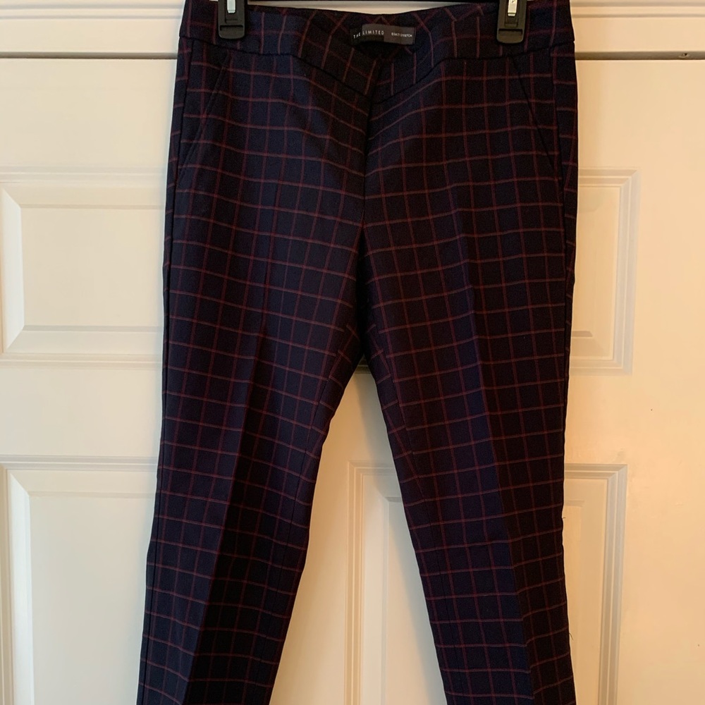 Navy blue and red checked trousers